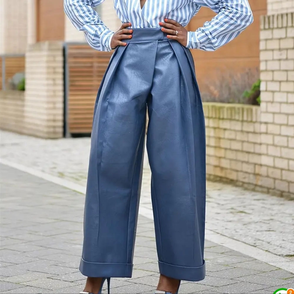 Stylish Blue High-Waisted Pants - Picture 4 of 4
